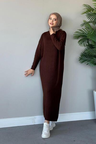 Şule Giyim Fitilli Triko Elbise Kahverengi