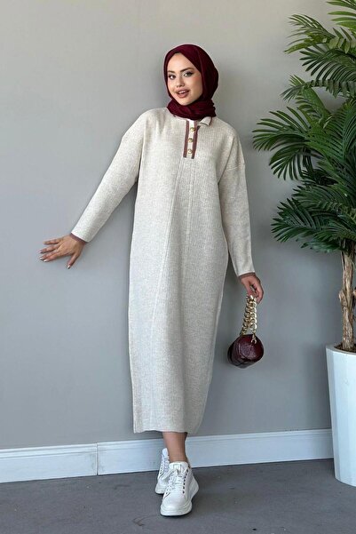 Şule Giyim Önü Düğmeli Triko Elbise Bej