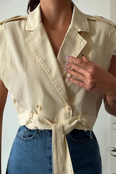 Ravencia Cream Colored Women's Vest - Pocket Detailed, Buttoned and Belted