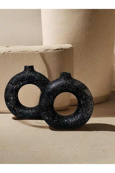 Porselian Set of 2 Handmade Black Bohemian Round Donut Decorative Ceramic Vase