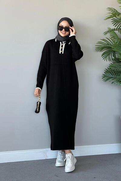 Şule Giyim Μπροστινό πλεκτό φόρεμα με κουμπιά μαύρο