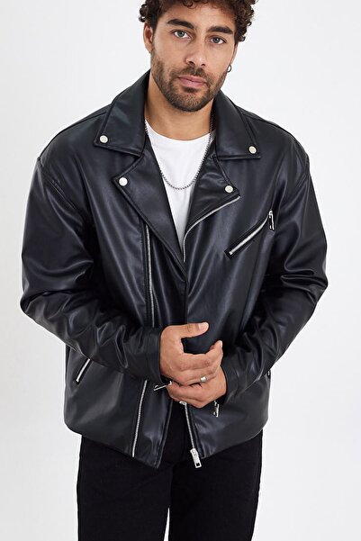 MADZEYMODA Jachetă de piele neagră cu fermoar diagonală pentru bărbați Mz58533
