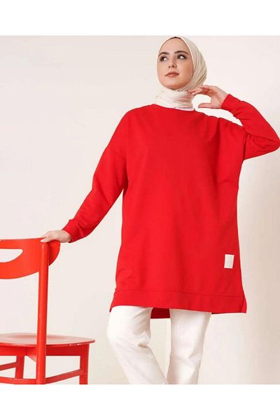 ELFİDA Women's Seasonal Loose Crew Neck Embroidered Long Hijab Tunic Long Sports Model Seasonal Tunic