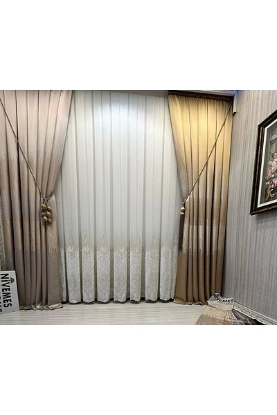 NİVEMESHOME Nivemeshome 2843 - 1/3 Close Pleated Lal Gold Tulle Curtain