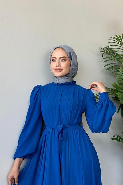 Şule Giyim Rochie de seară din șifon musulman plisat în față Saks