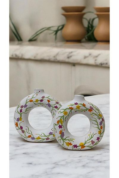 Porselian Set of 2 Handmade Flower Drawing Bohemian Round Donut Decorative Ceramic Vase