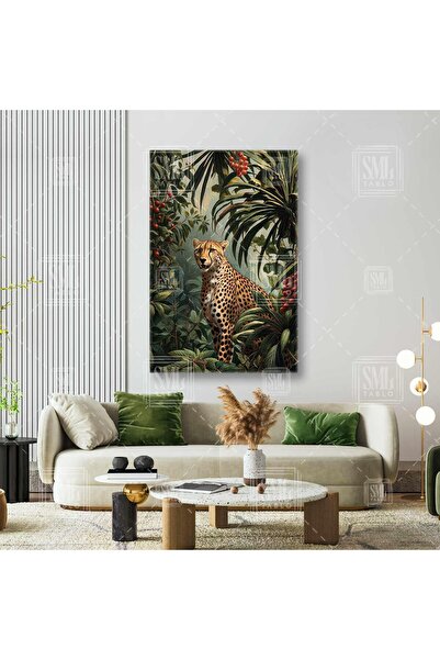 SML TABLO Yeşil Orman İçindeki Kaplan Kızılcık Meyveleri Hayvan Dikey Kanvas ...