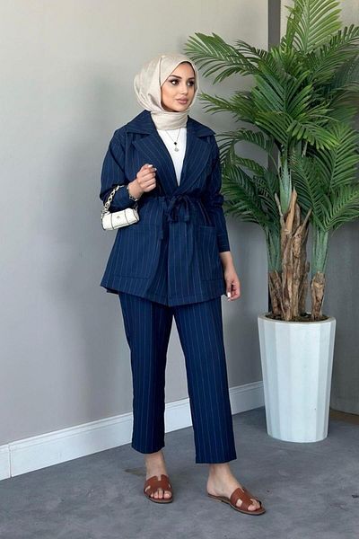 Şulemoda Giyim Navy Blue Striped Waist Tunnel Suit
