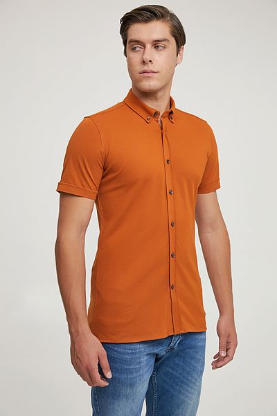 Twn Памучна риза с къс ръкав в цвят канела Slim Fit