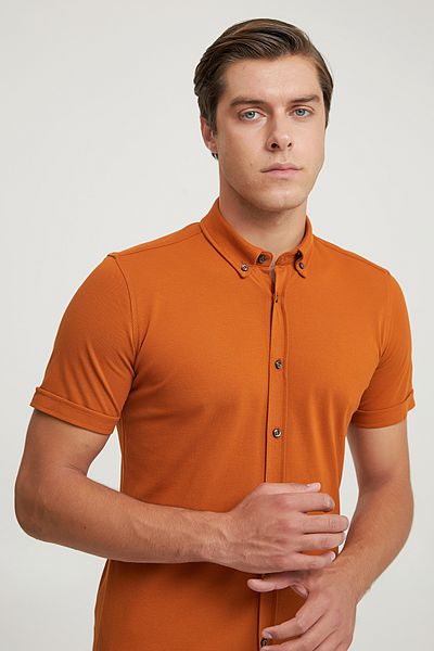 Twn Памучна риза с къс ръкав в цвят канела Slim Fit