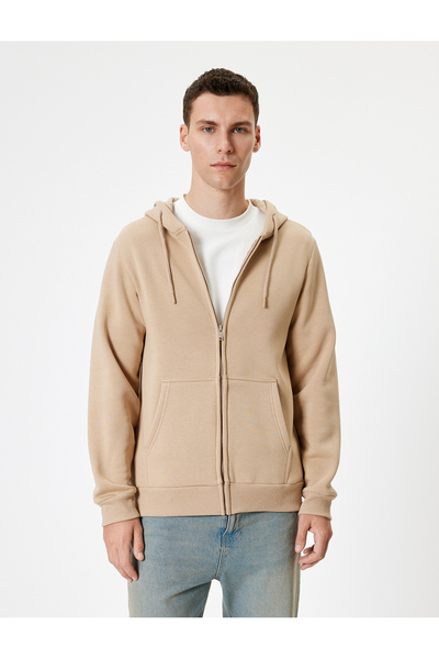 Koton Cep Detaylı Şardonlu Fermuarlı Pamuklu Basic Kapşonlu Sweatshirt