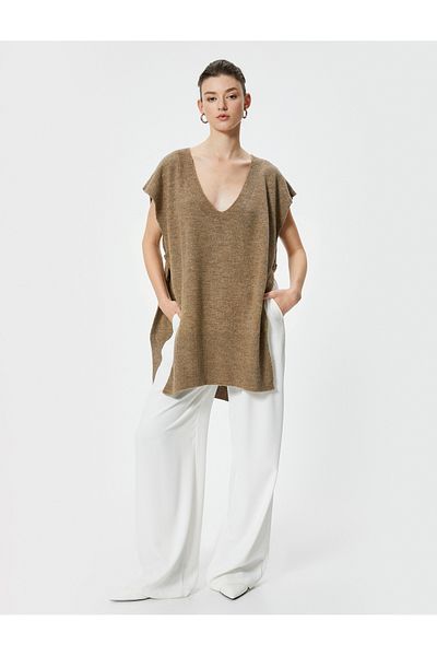 Koton Side Tied Sleeveless V-Neck Long Knitwear Sweater