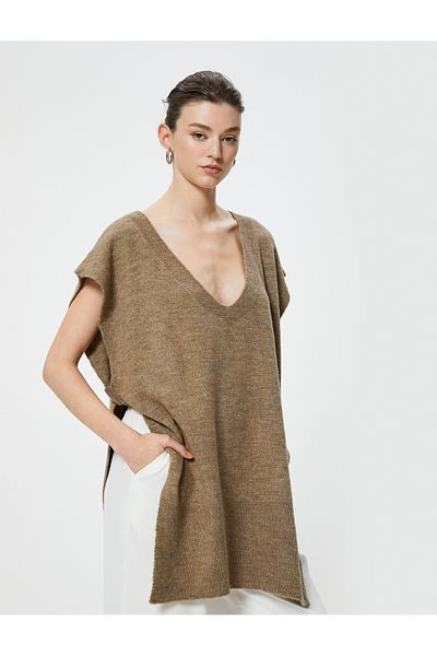 Koton Side Tied Sleeveless V-Neck Long Knitwear Sweater