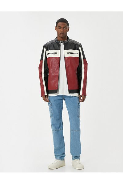 Koton Slim Fit Color Blocking Stand γιακά από ψεύτικη γούνα στο εσωτερικό από ψεύτικο δέρμα Racer Jacket