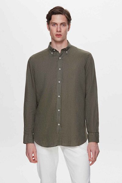 D'S Damat Πουκάμισο Comfort Khaki Flamed 100% λινό