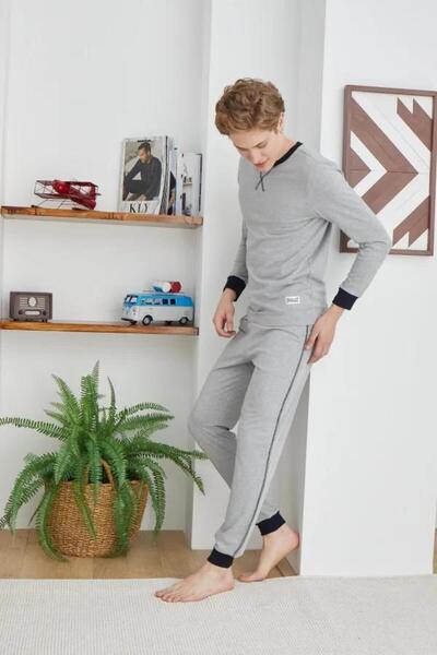 KLY 1034 Сірий бавовняний піжамний комплект для чоловіків з круглим коміром