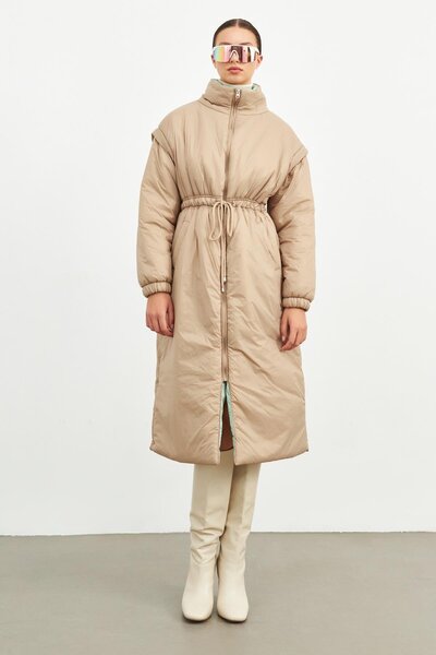 Setre Μπεζ μακρύ πουπουλένιο παλτό με φερμουάρ