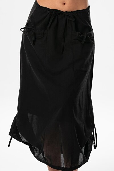 Eliş Şile Bezi Rainy Voile Fastening and Rubber Detail Midi Boy Summer Authentic Skirt Black Syh