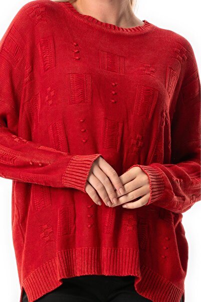 Eliş Şile Bezi Long Sleeve Knitwear Blouse with Asymmetric Cut - Autumn and Winter, Red Red