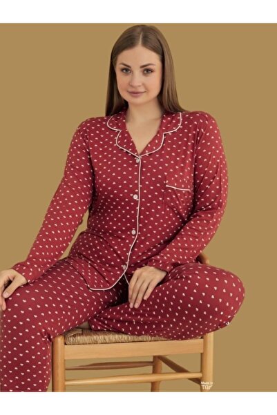 bie's Kadın Kırmızı Kalpli Büyük Beden Viskon Önden Düğmeli Gömlek Yaka Uzun Kol Mevsimlik Pijama Takımı