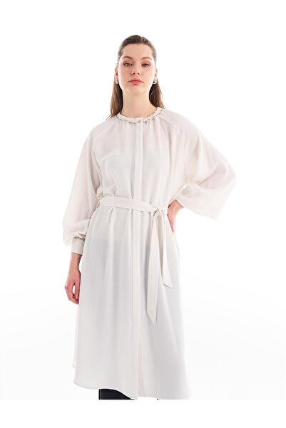 Kayra Taş Detaylı Sıfır Yaka Tunik Ekru