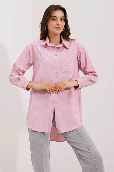 Bigdart 20217 Gestreiftes Oversize-Shirt mit Taschendetail - Puder