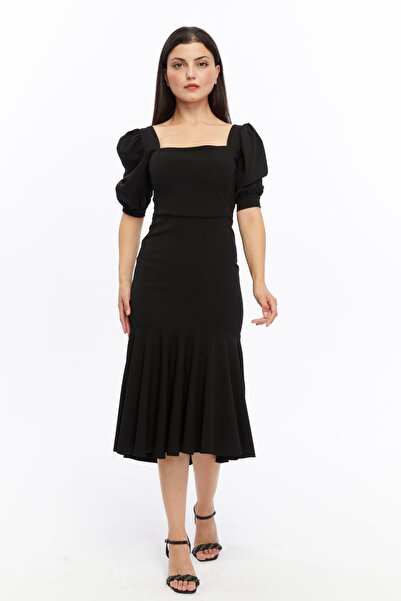 ESPOİRPLUS Siyah RENK Krep Kumaş Kare Yaka Balon Kol Balık Model Midi Boy Elbise