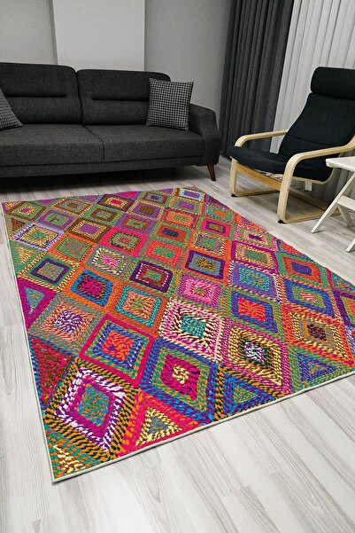 kilim home Mars 1007 Renkli Kare Desenli Dekoratif Kaymaz Taban Halı