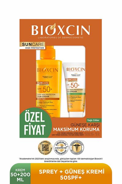 Bioxcin Sun Care SPF 50 Opalovací krém na obličej 50 ml Smíšená mastná pleť + Tělový sprej na opalování 200 ml