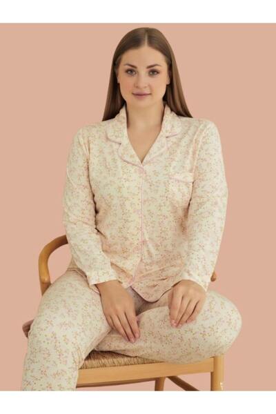 bie's Cream Floral Pattern - Viscose Plus Size Shirt Collar Long Sleeve Pajamas Set