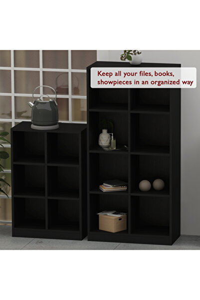 Mahmayi Wooden Display Shelves with 6 Storage Compartment, Freestanding, Black