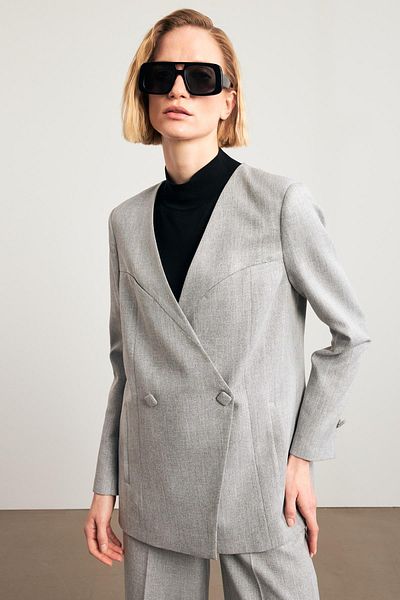 Setre Gray Collarless Jacket with Asymmetric Closure Detail