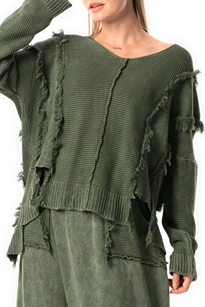 Eliş Şile Bezi Khaki Color Authentic Knitwear Blouse - Long Sleeve, Wide Collar, Autumn and Winter