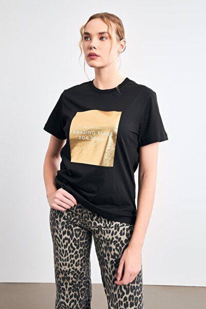 Setre Ярка печатна детайлна черна тениска с къс ръкав - Bike Neck