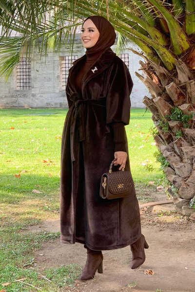 Bym Fashion Brown Long Coat 7923 - Bronch Detailed and Waist Belted