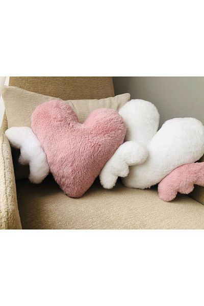 ONTİC Pair White and Pink Decorative Plush Pillow - Throw Pillow Sleeping Companion Set with Hearts and Wings