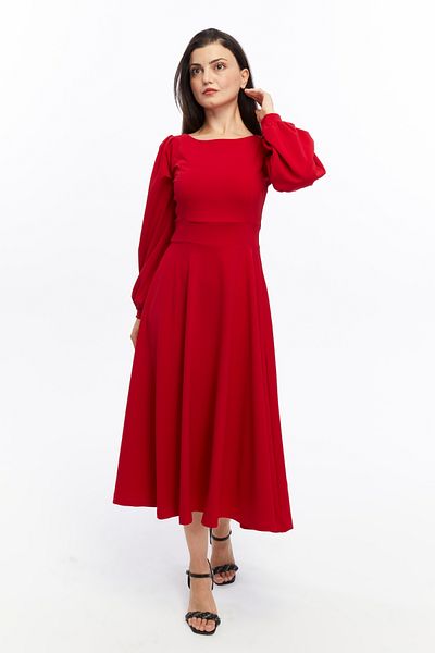 ESPOİRPLUS Red Color Balloon Sleeve Crew Neck Midi Crepe Fabric Dress