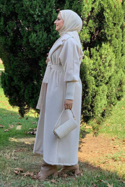 Bym Fashion Long Bronch Detailed Coat - Waist Belted, Stone 7923