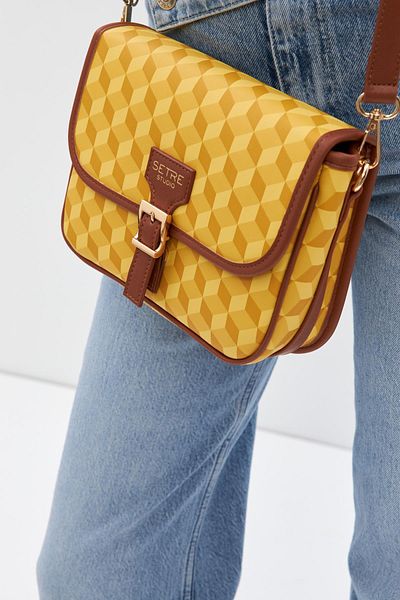 Setre Yellow Belt Buckle Detailed Geometric Pattern Medium Size Bag