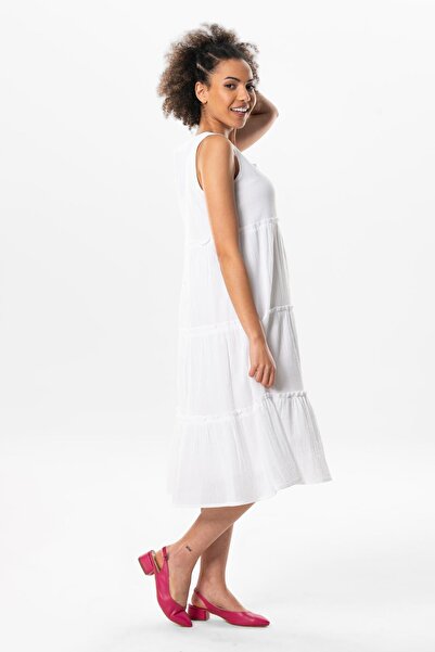 Eliş Şile Bezi Αμάνικο ύφασμα Şile Şule Midi βολάν Λεπτομερές καλοκαιρινό φόρεμα Λευκό Byz