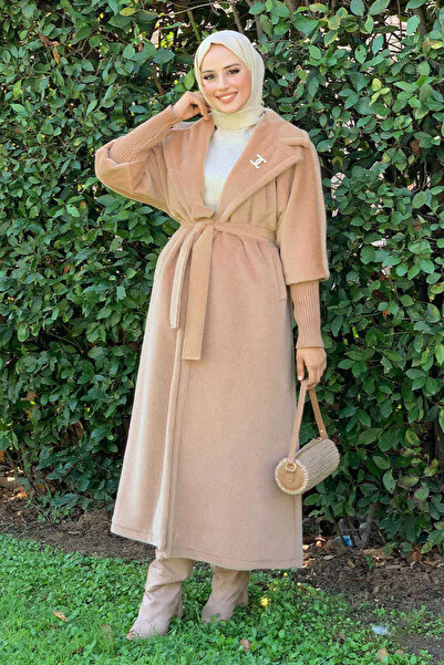 Bym Fashion Mink Long Coat 7923 - with Stone Bronch Detail and Waist Belt