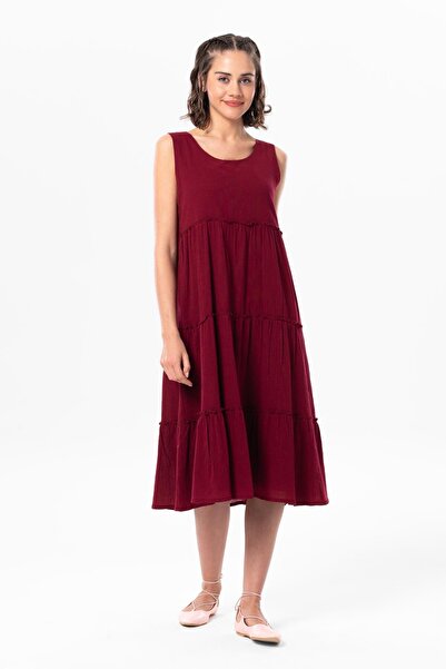 Eliş Şile Bezi Fără mâneci Sile Pânză Cascada Midi Lungime Volane Detaliată R...