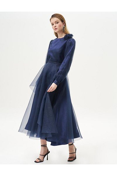 Kayra Glitter Tulle Layered Evening Dress Navy Blue