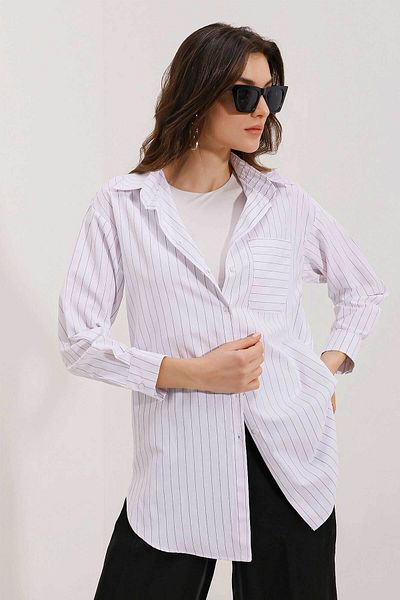 Bigdart 20217 Weiß gestreiftes Oversize-Shirt - Taschendetail