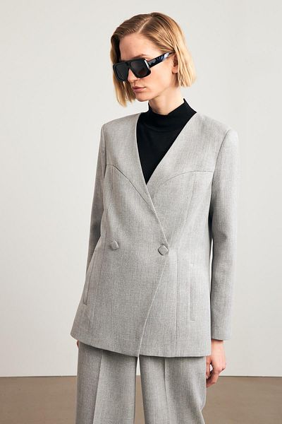 Setre Gray Collarless Jacket with Asymmetric Closure Detail