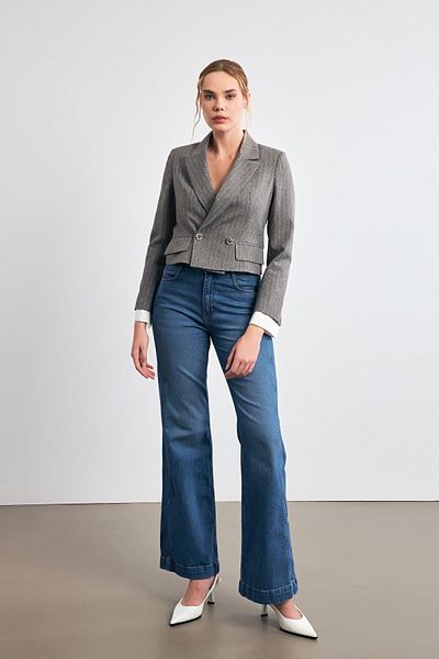 Setre Gray Striped Short Jacket with Asymmetric Collar and Sleeve Detail