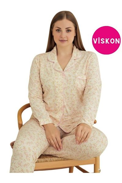 bie's Cream Floral Pattern - Viscose Plus Size Shirt Collar Long Sleeve Pajamas Set