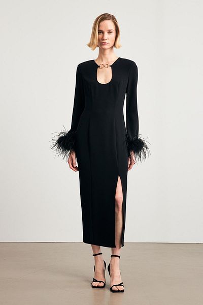 Setre Feather Detailed Black Midi Dress - with Chest and Slit