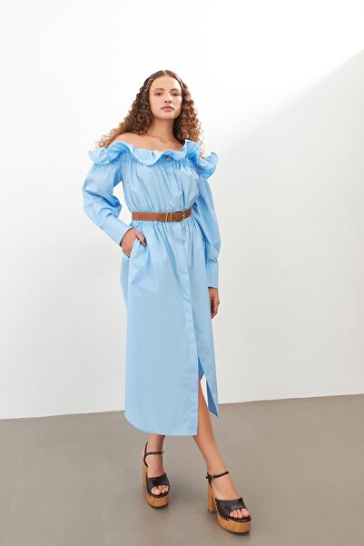 Setre Blue Off-Shoulder Belt Detailed Buttoned Dress