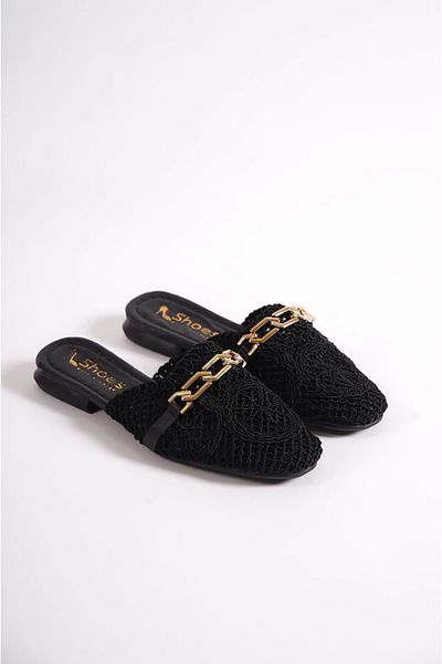 Moda Değirmeni Papuci de damă din dantelă neagră cu cataramă din dantelă